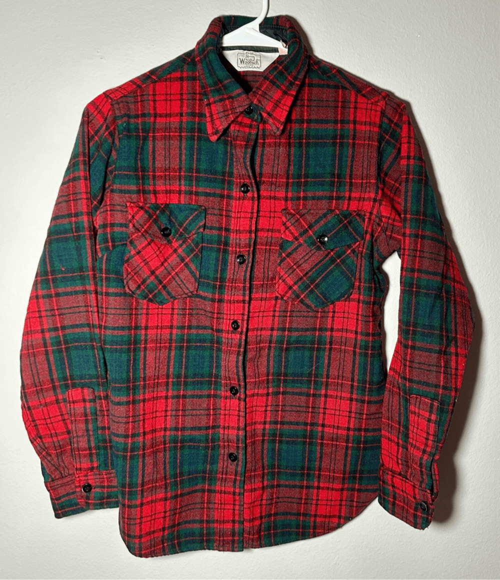 Vintage 1960s Woolrich The Woman Red & Green Plaid Button Flannel Shirt Sz 12